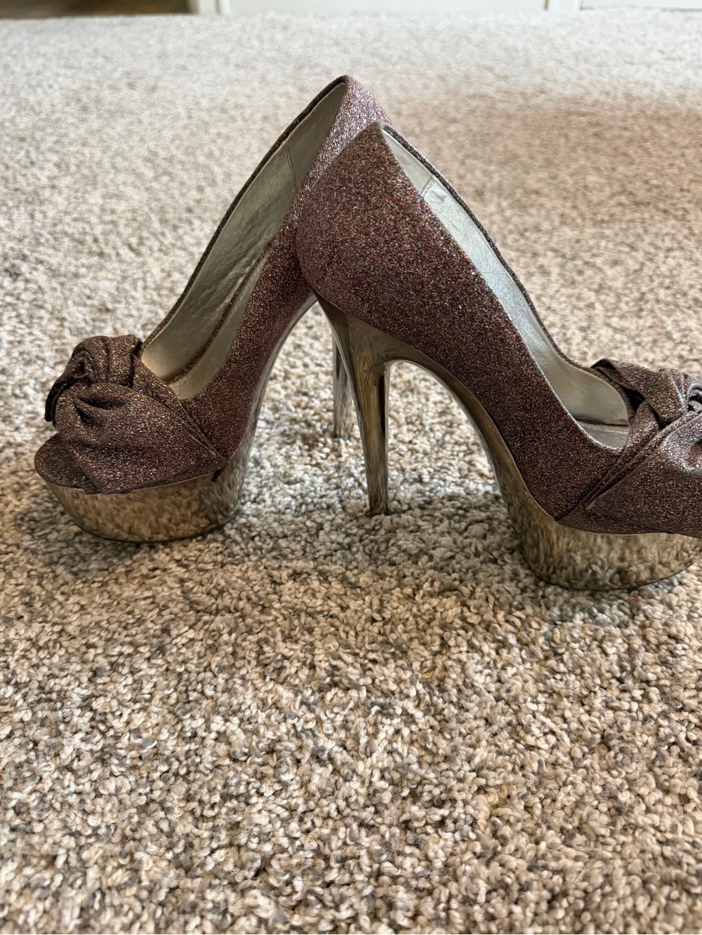 Wild Pair Rose Gold Glitter Platform Peep Toe Heels with Knot Detail